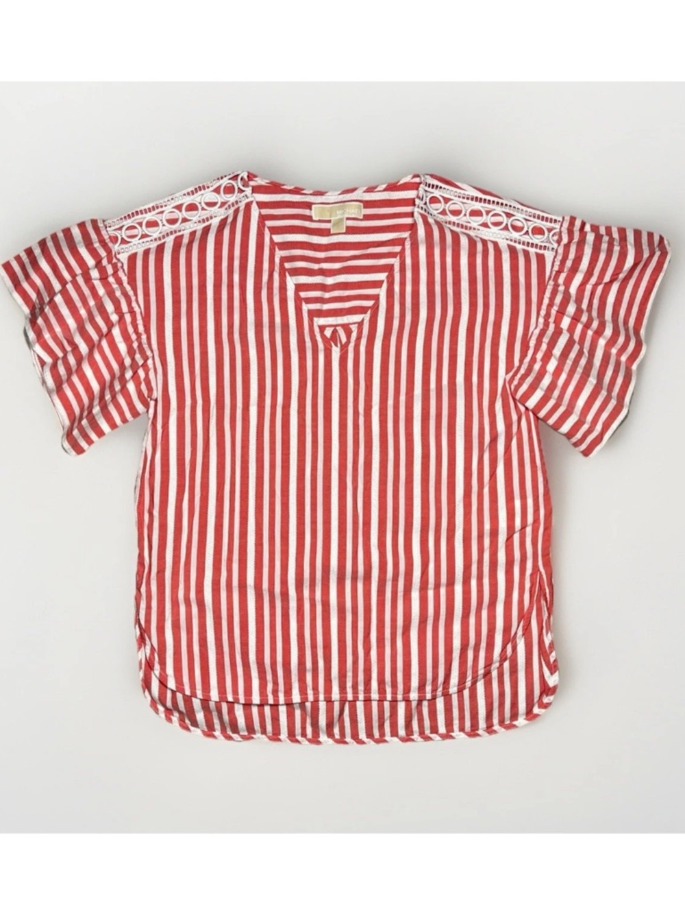 Michael Kors Striped Embroidered Tunic Blouse V-Neck Flared Sleeve Size Medium